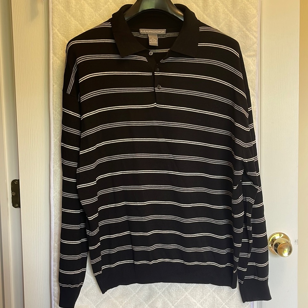 Marconi Men's Striped, 3 Button Sweater, Silk & Cotton, Black & White, XL